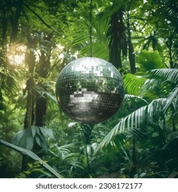 Disco ball hanging in the rainforest. Tropical. Party. - Powered by Shutterstock