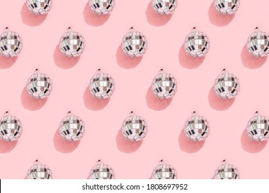 Disco Ball Pattern On Pink Background. 90s Retro Party Concept.