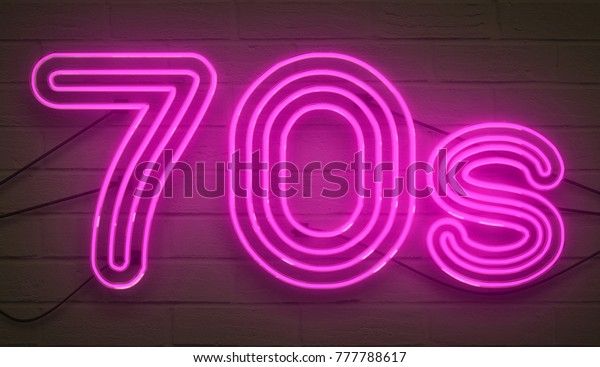 disco dance 70s\
neon sign lights logo text glowing color purple on dark black brick\
background, vintage style\
