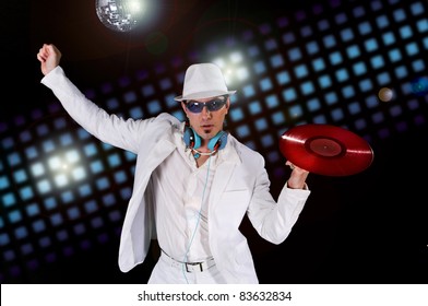 Disco DJ with Record and Club Lights in the background