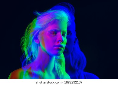 Disco. Multiple Portrait With Glitch Duotone Effect. Multiple Exposure, Abstract Fashionable Beauty Photo. Young Beautiful Female Model Posing. Youth Culture, Composite Image, Fashionable People.