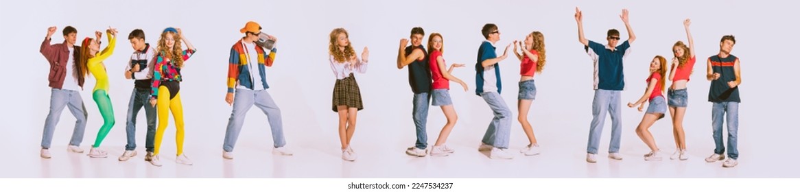 Disco party. Group of young, cheerful people wearing 80s, 90s fashion style clothes dancing isolated over grey background. Concept of youth, retro style, 90s era, fashion, lifestyle, ad. Banner