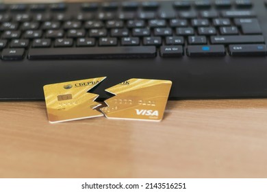 Disconnection From Swift Russia. The Collapse Of The Banking System. Break, Break A Sberbank Credit Card. US And EU Sanctions. Minsk, Belarus - April 07, 2022