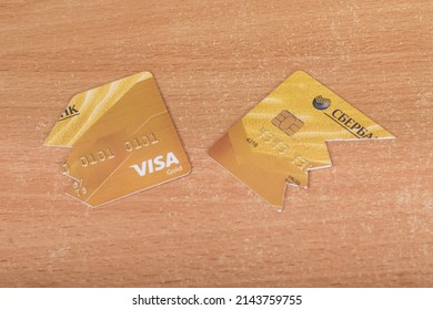 Disconnection From Swift Russia. The Collapse Of The Banking System. Break, Break A Sberbank Credit Card. US And EU Sanctions. Minsk, Belarus - April 07, 2022