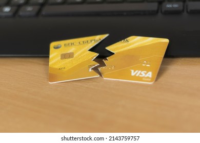 Disconnection From Swift Russia. The Collapse Of The Banking System. Break, Break A Sberbank Credit Card. US And EU Sanctions. Minsk, Belarus - April 07, 2022