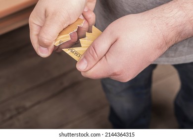 Disconnection From Swift Russia. The Collapse Of The Banking System. Break, Break A Sberbank Credit Card. US And EU Sanctions. Minsk, Belarus - April 07, 2022