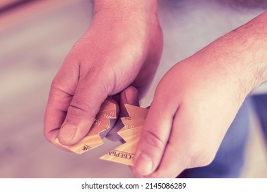 Disconnection From Swift Russia. The Collapse Of The Banking System. Break, Break A Sberbank Credit Card. US And EU Sanctions. Minsk, Belarus - April 07, 2022