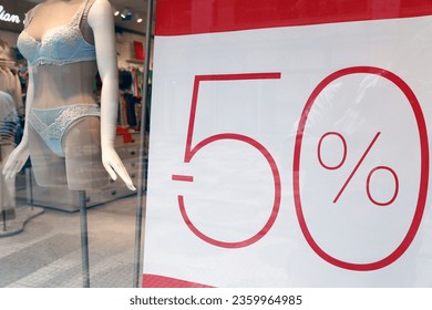 Discount 50 percent, special sale in a woman underware shop.  Aivero. Portugal.  - Shutterstock ID 2359964985