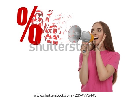 Discount offer. Woman shouting into megaphone on white background. Percent sign coming out from device