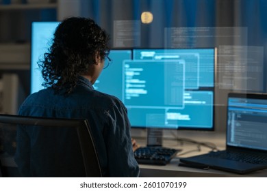 Discover the journey of an Asian female developer, merging digital design with cybersecurity insights at night.