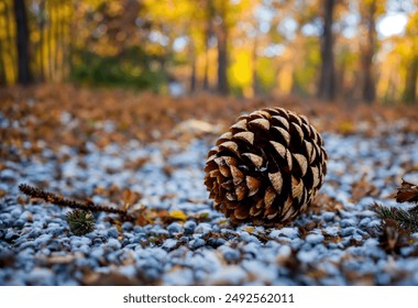 Discover the simple yet captivating beauty of nature with this close-up photograph of a dead pinecone resting gently in a light dusting of snow. - Powered by Shutterstock