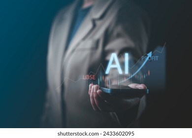 Discover stock market insights with businessman's hands using AI technology for predictive analytics