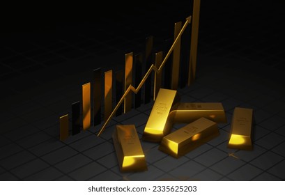 Discover the trends shaping the business landscape with this 3D render featuring gold bars, a bar graph, and an arrow on a sleek black background. Unlock the potential of financial success. - Powered by Shutterstock