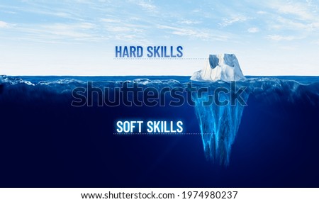 Discover your hidden soft skills concept. Motivational concept for leaderships with iceberg – bigger part representing undiscovered soft skills is hidden under water.