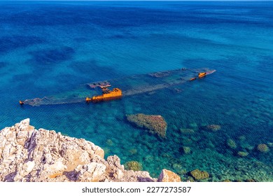 Discovering the Remains of an Old Sunken Boat in El Haouaria, Tunisia, North Africa - Shutterstock ID 2277273587
