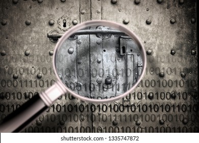 Discovering the secret code -  Concept image, seen through a magnifying glass, of a secret code file agaist a strong and old rusty metal door - Shutterstock ID 1335747872