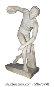 Discus thrower (discobolus) a part of the ancient Olympic Games.  A Roman copy of the lost bronze Greek original. Isolated on white.