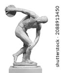 Discus thrower discobolus statue. A part of the ancient Olymp games. A Roman copy of the lost bronze Greek sculpture. Isolated on white background