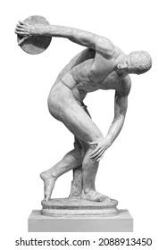Discus thrower discobolus statue. A part of the ancient Olymp games. A Roman copy of the lost bronze Greek sculpture. Isolated on white background