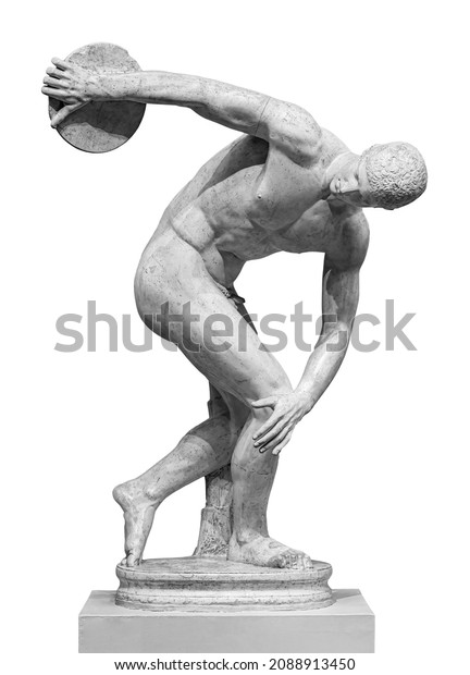 Discus thrower discobolus statue. A part of\
the ancient Olymp games. A Roman copy of the lost bronze Greek\
sculpture. Isolated on white\
background