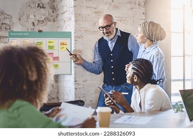 Discussing Business Model Canvas in Office - A senior bald man with a white beard points at a canvas filled with sticky notes. A Middle Eastern woman with a turban and colleagues taking notes nearby. - Powered by Shutterstock