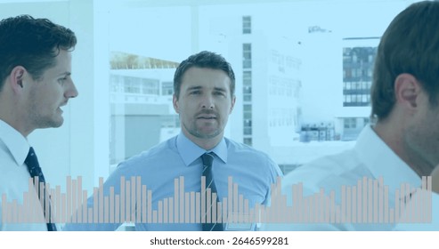 Discussing business, professionals analyzing bar graph image in office setting. analysis, teamwork, collaboration, strategy, brainstorming, finance