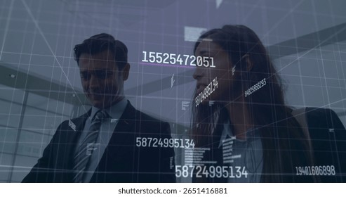 Discussing data, business professionals with digital numbers overlaying scene. technology, data analysis, teamwork, collaboration, innovation, finance
