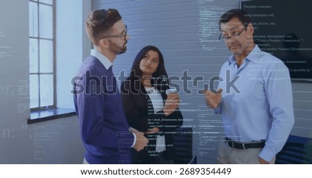 Discussing project, three professionals standing by conference table in meeting room, coffee cup. Collaboration, teamwork, brainstorming, modernoffice, businesscommunication, workplaceculture,