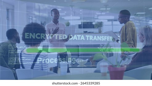 Discussing team in work attire at table in open-plan office with tablets and encrypted overlay. Collaboration, productivity, innovation, modern, technology, teamwork, business