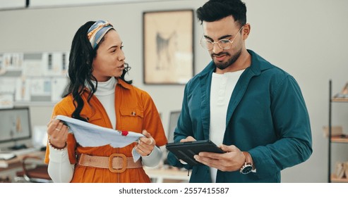 Discussion, collaboration and people with tablet, office and research for trends and fashion designer. Teamwork, creative and colleagues with app for inspiration, social media and ideas for design - Powered by Shutterstock