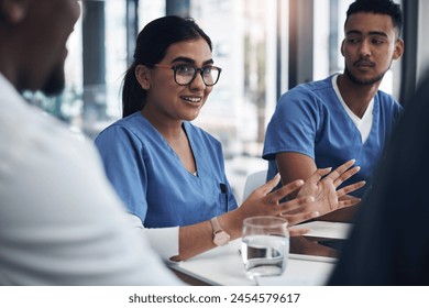 Discussion, internship and team of doctors in office for healthcare treatment, diagnosis or surgery in clinic. Meeting, collaboration and surgeon with group of medical students learning in hospital. - Powered by Shutterstock