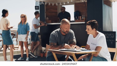 Discussion, meeting and small business owners with documents at food truck for conversation, teamwork or collaboration on menu. Cafe, manager man and employee woman for planning, startup or talking - Powered by Shutterstock