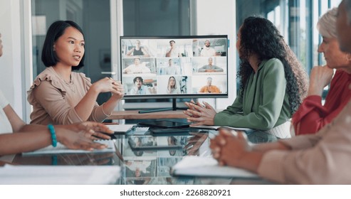 Discussion, team and video conference with screen and business people, online with business meeting and communication. Internet, webinar and online meeting, teamwork and collaboration on video call - Powered by Shutterstock