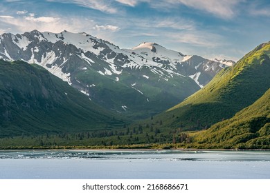 Disenchantment Bay, Alaska, USA - July 21, 2011: Green Valley At Shoreline Bordered By Forested Mountain Flanks Under Blue Cloudscape. Snow Topped Mountain Range On Horizon. Floating Ice