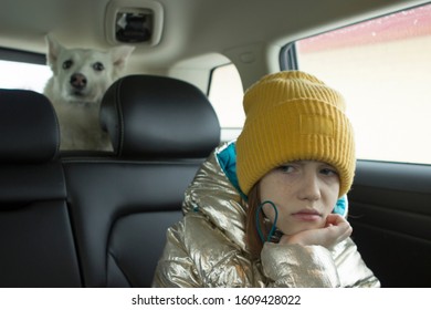 A disgruntled girl is sitting in a car, does not want to go on a trip. White husky Laika dog in the back seat in a car. Traffic congestion at the border