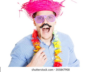 Disguised young man with fake mustache - photo booth photo
