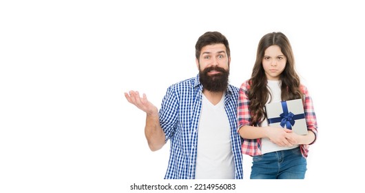 Disgusting Birthday Concept. Did Not Please With Gift. Too Demanding Daughter. Boxing Day. Happy Holidays. Father And Daughter Open Gift. Dad And Little Girl With Wrapped Box. Disappointed With Gift