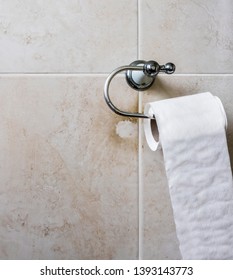 Disgusting Dirt On A Brown Tiled Wall Behind A Chrome Toilet Tissue Roll Holder. Grime And Soil Have Built Up Over A Long Time Creating An Unhygienic Infection Risk. Poorly Maintained Rental Property.