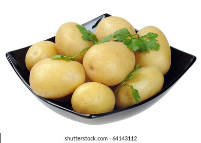Dish With Boiled Potatoes In Their Skins. Isolated On White.
