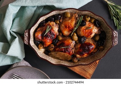 Dish With Chicken Marbella With Olives, Prunes And Vine Clouse Up, Top View