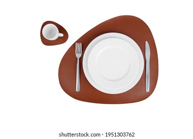 Dish, Cup On Brown Leather Table Mat