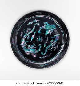 Dish with Design of Two Dragons Chasing a Flaming Pearl amidst Clouds (18th century) lacquerware. Vintage sculpture, antique art object.