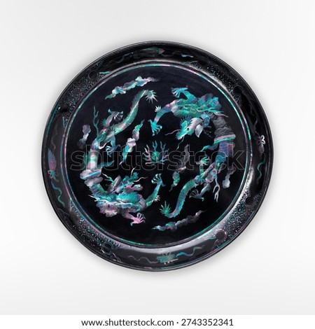 Dish with Design of Two Dragons Chasing a Flaming Pearl amidst Clouds (18th century) lacquerware. Vintage sculpture, antique art object.
