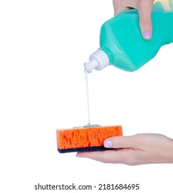 Dish detergent with cleaning washing sponge on white background isolation - Shutterstock ID 2181684695