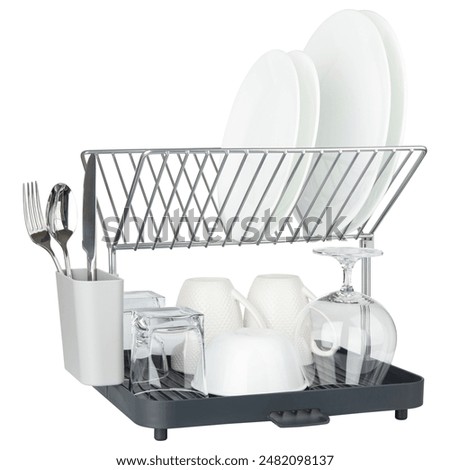 Dish drainer rack for kitchen counter. Dish drainer rack for wet ceramic plate, glass, cup, bowl, wineglass, forks, spoons, knives. Stainless Dishes Storage. Tier utensil holder with drip gray tray