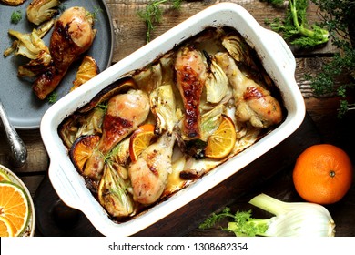 Dish With Fennel. Baked Chicken Drumsticks With Fennel And Oranges. Festive Dish, Popular In The Mediterranean. Keto Diet Dish. Ceramic Baking Dish. Top View. Flatlay