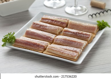 Dish With Filleted Smoked Eel On Toast As A Party Snack