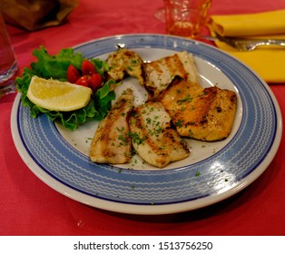 Dish With Fish Caught In Lake Maggiore, Restaurant On Isola Dei Pescatori, Borromean Islands, Piedmont, Italy. 