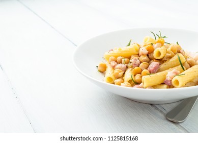 Dish Of Italian Pasta With Chickpea And Bacon 