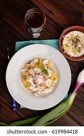 Dish Of Pasta Noodles With Cottage Cheese Bacon And Onion Shallot